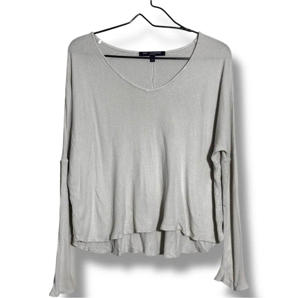 One Clothing Cream Thermal Knit Relaxed Fit Scoop Neck Comfy Long Sleeve Top